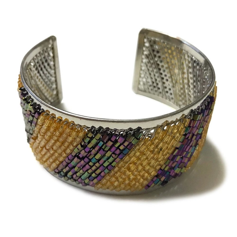 Handmade Glass Bead Cuff Bracelet Gold Purple NWOT